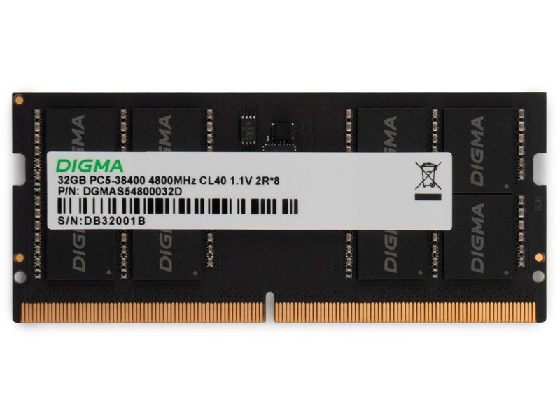 Память DDR5 32GB 4800MHz Digma DGMAS54800032D RTL PC5-38400 CL40 SO-DIMM 262-pin 1.1В dual rank Ret