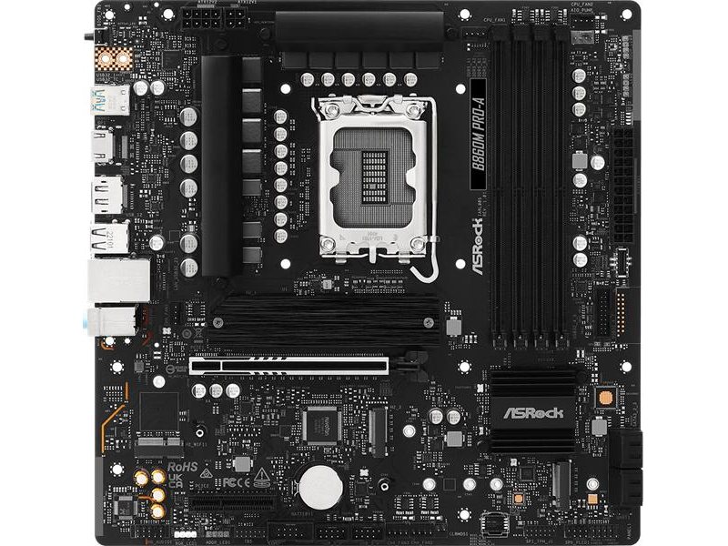 Материнская плата ASROCK B860M PRO-A, LGA1851, B860, 4*DDR5, 4*SATA, 4*M.2, 6*USB 3.2, 2*USB 2.0, Type-C, 2*PCIx16, 1*M.2 (Key E), HDMI+DP, mATX
