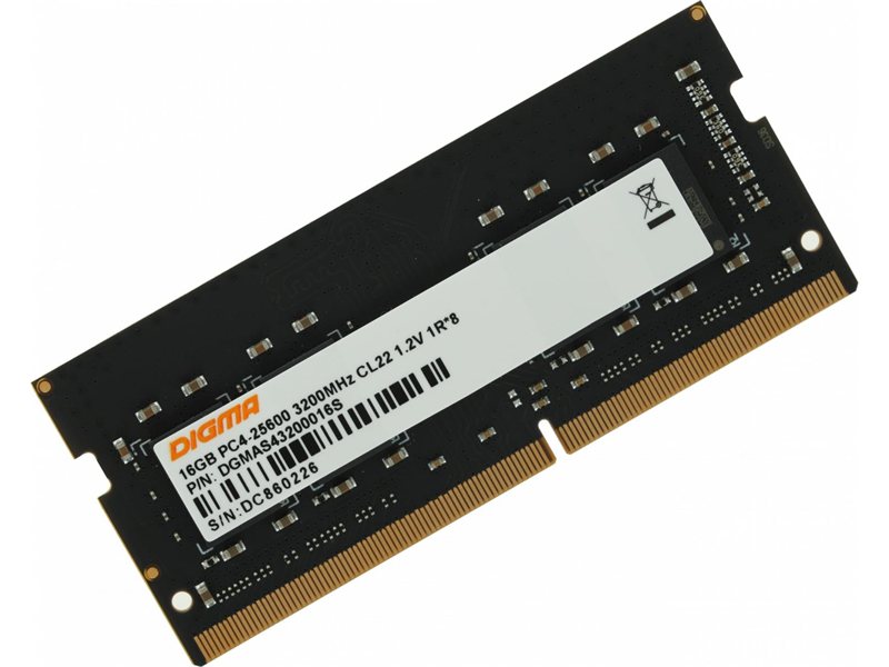 Digma DDR4 SODIMM 16Gb 3200MHz DGMAS43200016S RTL PC4-25600 CL22 260-pin 1.2В single rank