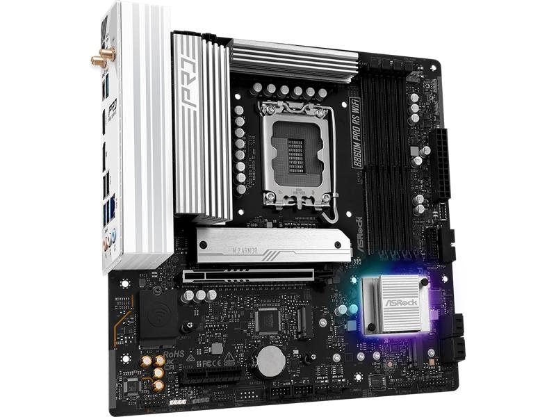 Материнская плата ASROCK B860M PRO RS WIFI, LGA1851, B860, 4*DDR5, 4*SATA, 4*M.2, 6*USB 3.2, 2*USB 2.0, Type-C, 2*PCIx16, 1*M.2 (Key E), HDMI+DP, mATX