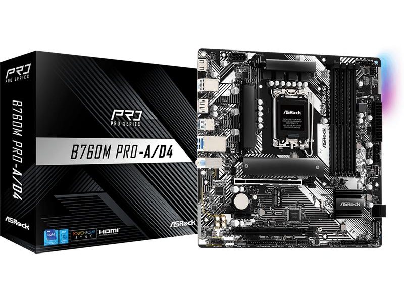 Материнская плата ASROCK B760M PRO-A/D4, LGA1700, B760, 4*DDR4,  4*SATA, 2*M.2, 3*USB 3.2, 2*USB 2.0, Type-C, 2*PCIx16, 1*PCIx1, 1*M.2 (Key E), HDMI+DP, mATX