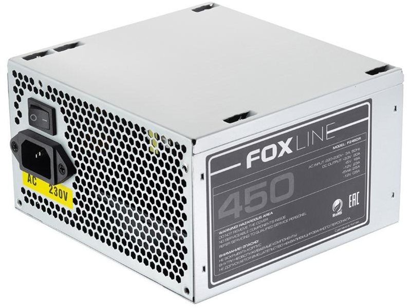 Блок питания 450Вт/ Power Supply Foxline, 450W, ATX, NOPFC, 120FAN, 2xSATA, 2xPATA, 1xFDD, 24+4