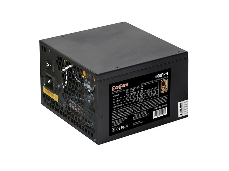Exegate EX280578RUS-OEM Блок питания 600W Exegate 600PPH-OEM, 80+Bronze, ATX, black, APFC, 12cm, 24p, (4+4)p, 5*SATA, 3*IDE