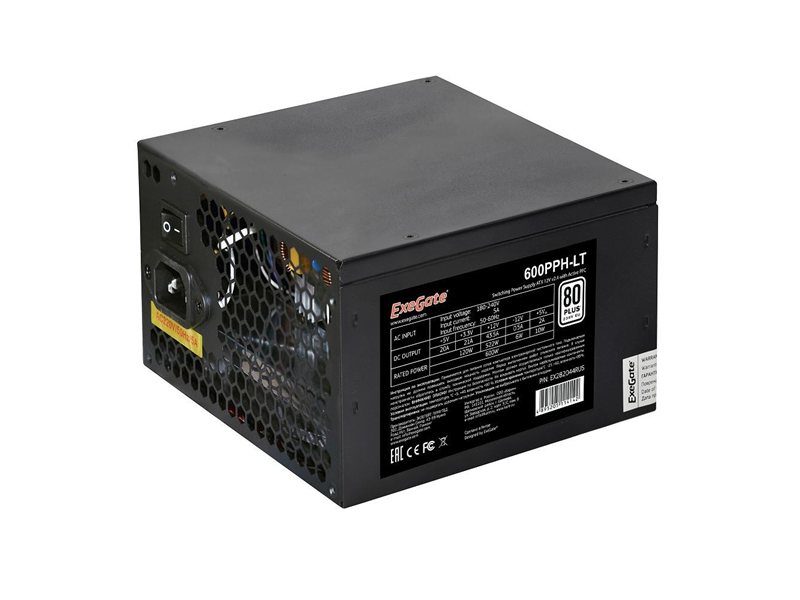 Exegate EX282044RUS Блок питания 600W Exegate 600PPH-LT,  80+, RTL, ATX, black, APFC, 12cm, 24p, (4+4)p, 5*SATA, 3*IDE