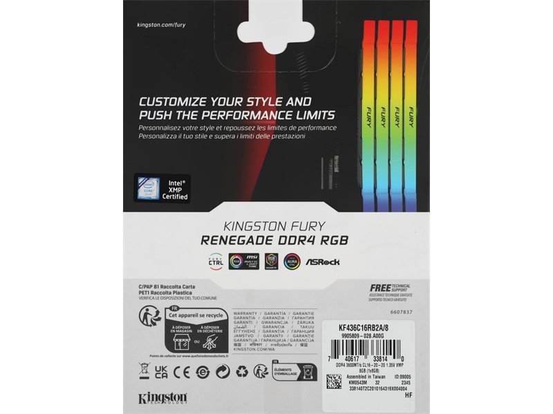 Память DDR4 8GB 3600MHz Kingston KF436C16RB2A/8 Fury Renegade RGB RTL Gaming PC4-28800 CL16 DIMM UDIMM 288-pin 1.35В dual rank с радиатором Ret