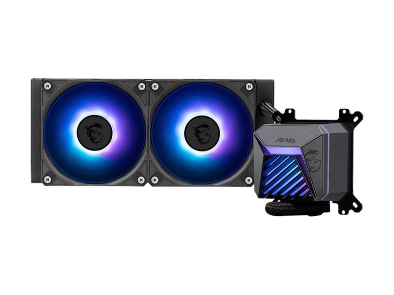 Система жидкостного охлаждения/ Water Cooling System MSI MAG CORELIQUID A15 240 (240W, 240mm, Black, ARGB/ Fans: 2x120mm, 64.89CFM, 28.7dBA, 2050RPM/ Pump 20dBA, 3400RPM, Rad thickness 27mm/ S: 1851, 1700, AM5, AM4)