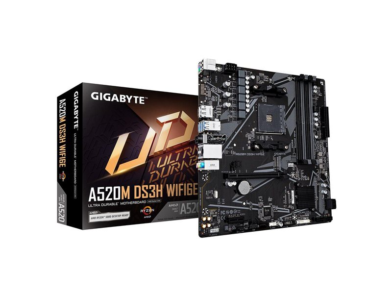 Материнская плата Gigabyte A520M DS3H WF6E A520, AM4, 4xDDR4, 1_PCI-Ex16,4_M.2, 6_USB3.2Gen1, 8_USB2.0, 4*SATA3.0, 1G, DP, HDMI, ATX, RTL