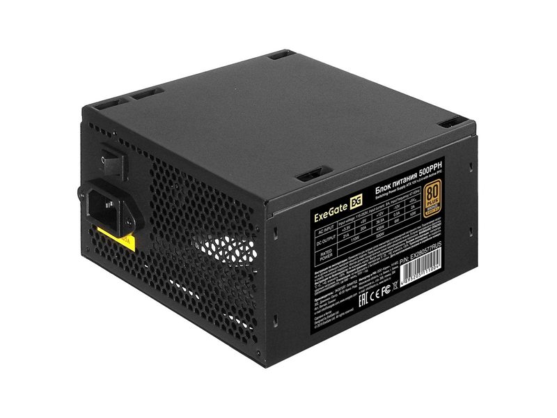 Блок питания 500W ExeGate 80 PLUS® Bronze 500PPH-S (ATX, APFC, SC, КПД 88% (80 PLUS Bronze), 12cm fan, 24pin, 2x(4+4)pin, 4xPCI-E, 6xSATA, 3xIDE, кабель 220V 1,8м с защитой от выдергивания, black, Color Box)