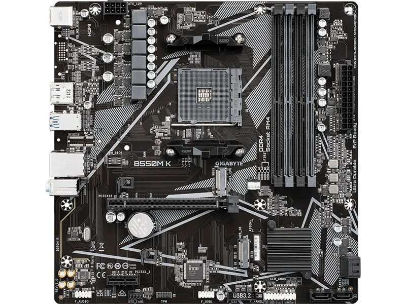 Материнская плата MB GIGABYTE AMD B550 sAM4, 4xDDR4(128GB), HDMI 2.1/DP, 1xPCIe 4.0x16, 1xPCIe 3.0, 1xLAN, 4xSATA 6Gb/s, 2xM.2, 4xUSB 3.2, 4xUSB 2.0, 1xPS/2, mATX