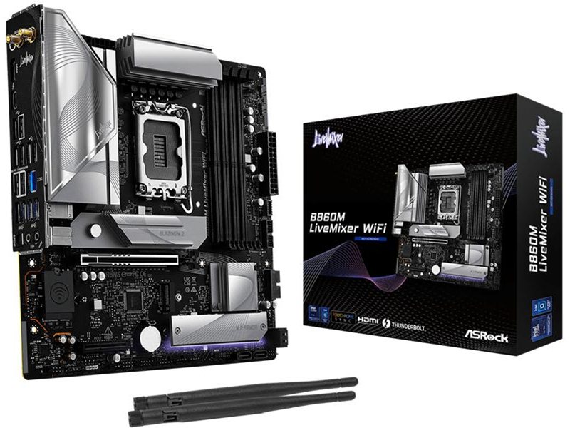 Материнская плата ASROCK B860M LIVEMIXER WIFI, LGA1851, B860, 4*DDR5, 4*SATA, 3*M.2, 6*USB 3.2, 6*USB 2.0, Type-C, 2*PCIx16, 1*M.2 (Key E), HDMI, mATX