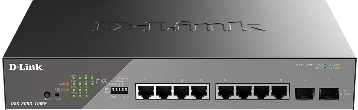 Коммутатор D-Link DSS-200G-10MP/A1A (L2) 8x1Гбит/с 2SFP 8PoE+ 130W настраиваемый