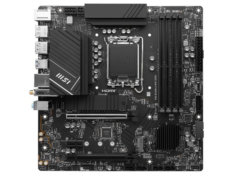 Материнская плата MB MSI INTEL B760 s1700, 4xDDR4(128GB), 2xHDMI 2.1/2xDP, 1xPCIe 4.0x16, 1xPCIe 3.0x16, 1xPCIe 3.0, 1xLAN (2.5GbE), Wi-Fi, BT, 4xSATA 6Gb/s, 2xM.2, 4xUSB 3.2, 2xUSB 2.0, 1xPS/2, mATX