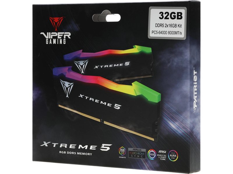 Память DDR5 2x16GB 8000MHz Patriot PVXR532G80C38K Viper Xtreme 5 RGB RTL Gaming PC5-64000 CL38 DIMM UDIMM 288-pin 1.45В с радиатором Ret
