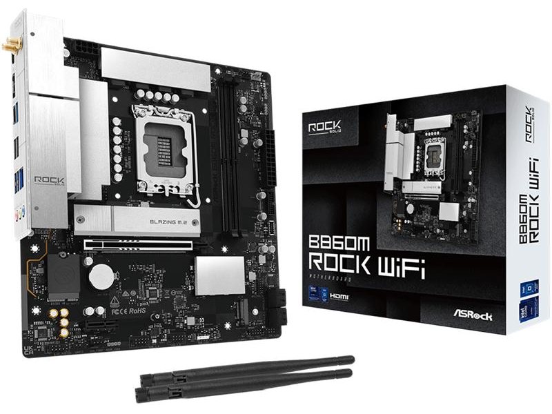 Материнская плата ASROCK B860M Rock WiF, LGA1851, B860, 4*DDR5, 4*SATA, 4*M.2, 4*USB 3.2, 3*USB 2.0, Type-C, 2*PCIx16, 1*M.2 (Key E), HDMI, mATX