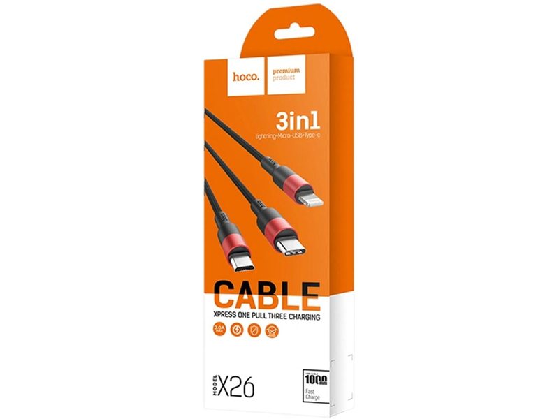 Кабель Hoco X26 Xpress one 80282 USB (m)-Lightning (m)/USB Type-C (m)/micro USB (m) 1м черный/красный