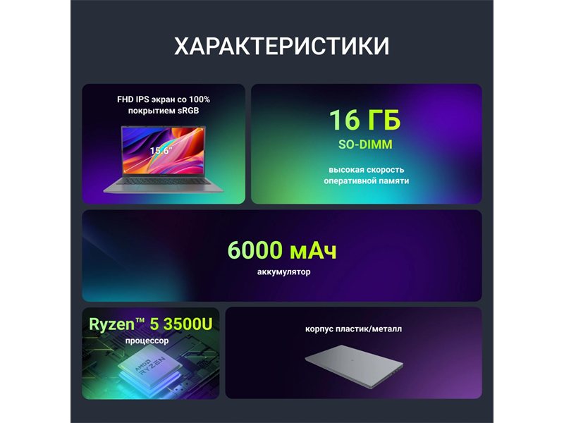 Ноутбук Digma Nova Ryzen 5 3500U 16Gb SSD512Gb AMD Radeon Vega 8 15.6" IPS FHD (1920x1080) Windows 11 Pro grey WiFi BT Cam 6000mAh (DN15R5-ADXW11)