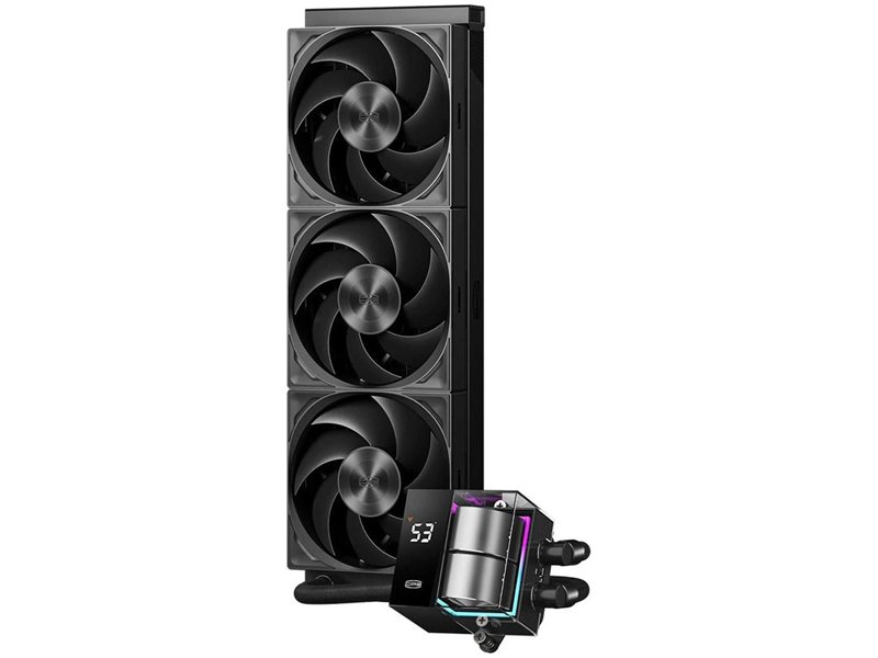 Система охлаждения/ Water Cooling System PCCooler DS360 ARGB Display BK (310W, 360mm, LED, Black, ARGB/ Fans: 3x120mm, 90.56CFM, 39.8dBA, 2500RPM/ Pump height 65mm, 15dBA, 2600RPM, Rad thickness 27mm/ S: 1851, 1700, 1200, 115X, AM5, AM4)