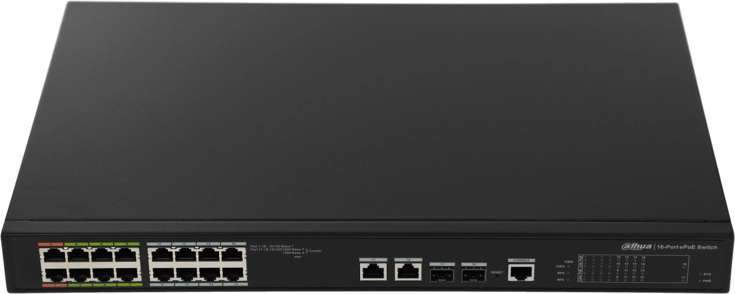 Коммутатор Dahua DH-LR2218-16ET-240 (L2) 16x100Мбит/с 2x1Гбит/с 2xКомбо(1000BASE-T/SFP) 2SFP 14PoE+ 2PoE++ 240W управляемый