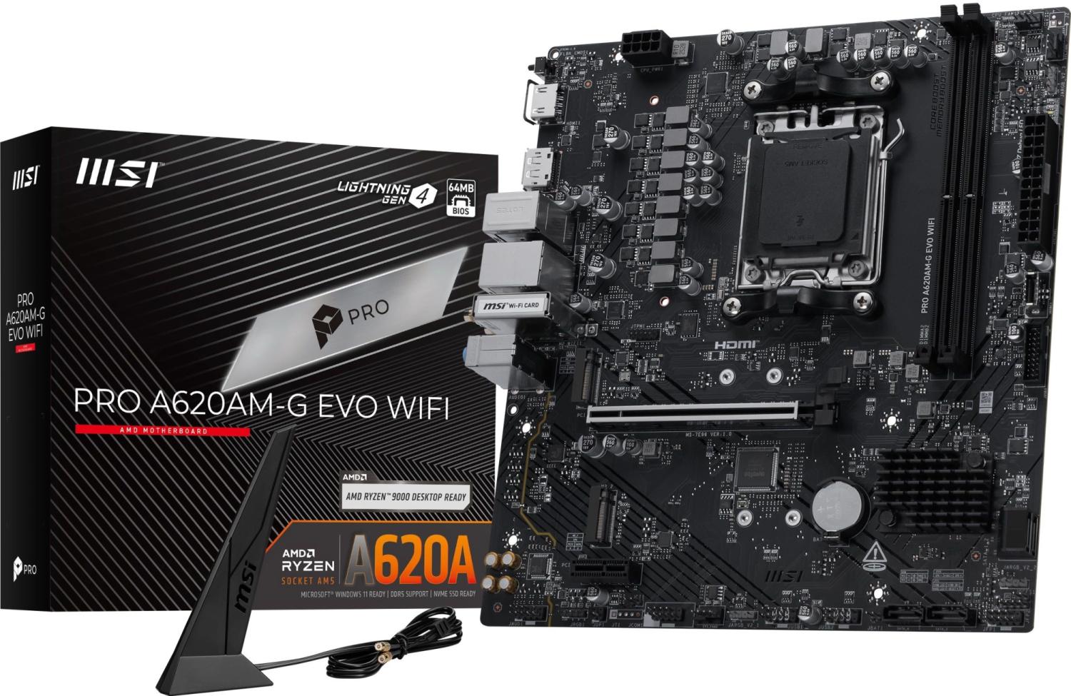 Материнская плата MSI PRO A620AM-G EVO WIFI Socket AM5 AMD A620A 2xDDR5 mATX AC`97 8ch(7.1) 2.5Gg RAID+VGA+HDMI+DP