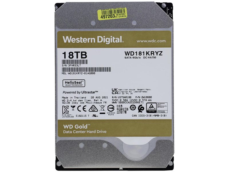Жесткий диск/ HDD WD SATA3 18Tb Gold 7200 512mb 1 year warranty