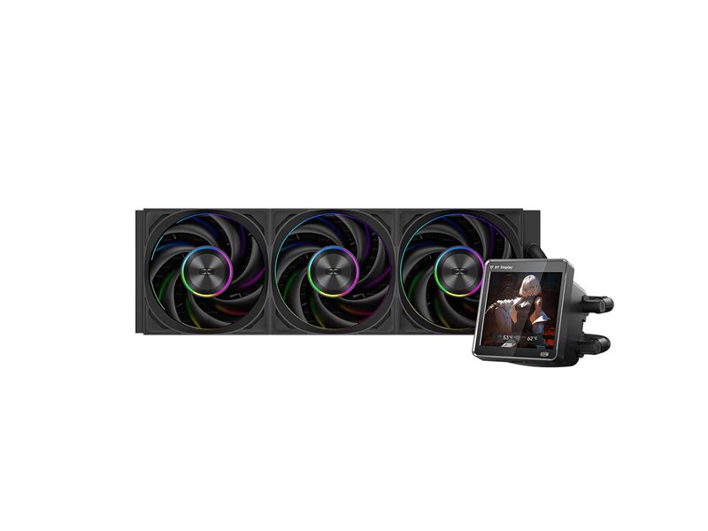 Система охлаждения/ Water Cooling System PCCooler DT360 ARGB Display BK (300W, 360mm, LED temp., Black, ARGB/ Fans: 3x120mm, 83.83CFM, 3000RPM/ Pump height 62mm, 15dBA, 2600RPM, Rad thickness 27mm/ S: 1851, 1700, 1200, 115X, AM5, AM4)