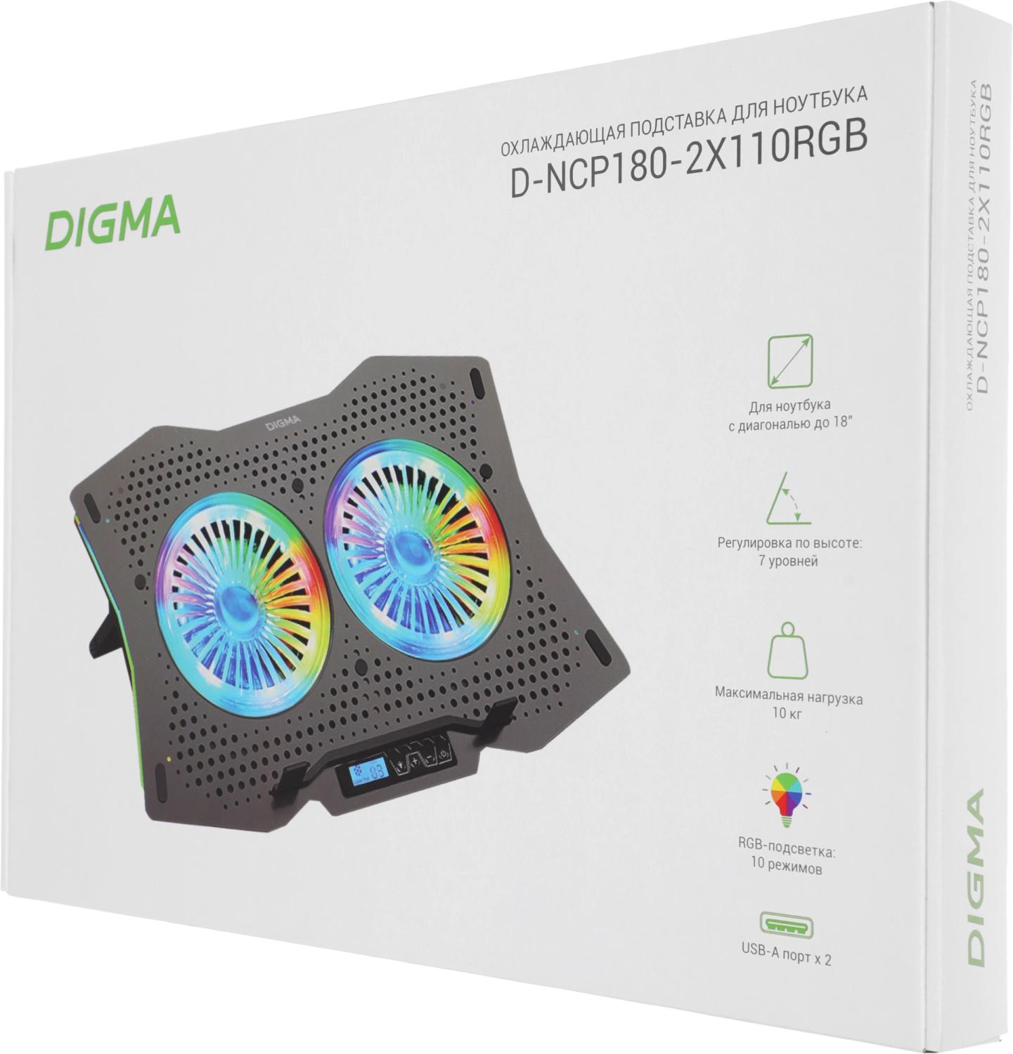 Подставка для ноутбука Digma D-NCP180-2x110RGB 18" 410x280x34мм 20дБ 2xUSB 2x 110ммFAN 700г Fan-control пластик ABS черный