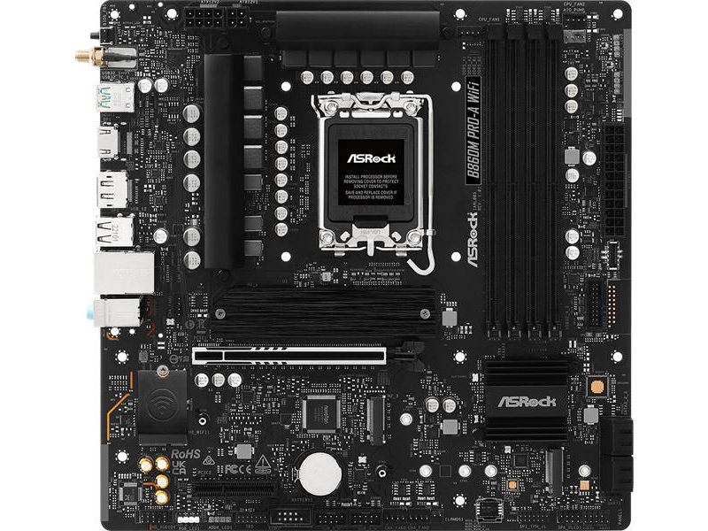 Материнская плата ASROCK B860M PRO-A WIFI, LGA1851, B860, 4*DDR5, 4*SATA, 4*M.2, 6*USB 3.2, 2*USB 2.0, Type-C, 2*PCIx16, 1*M.2 (Key E), HDMI+DP, mATX