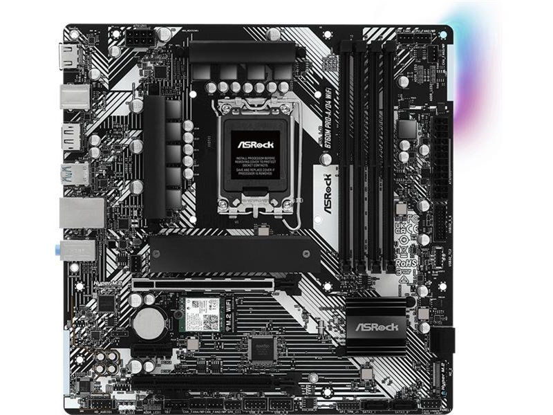 Материнская плата ASROCK B760M PRO-A/D4 WIFI, LGA1700, B760, 4*DDR4, 4*SATA, 2*M.2, 3*USB 3.2, 2*USB 2.0, Type-C, 2*PCIx16, 1*PCIx1, 1*M.2 (Key E), HDMI+DP, mATX